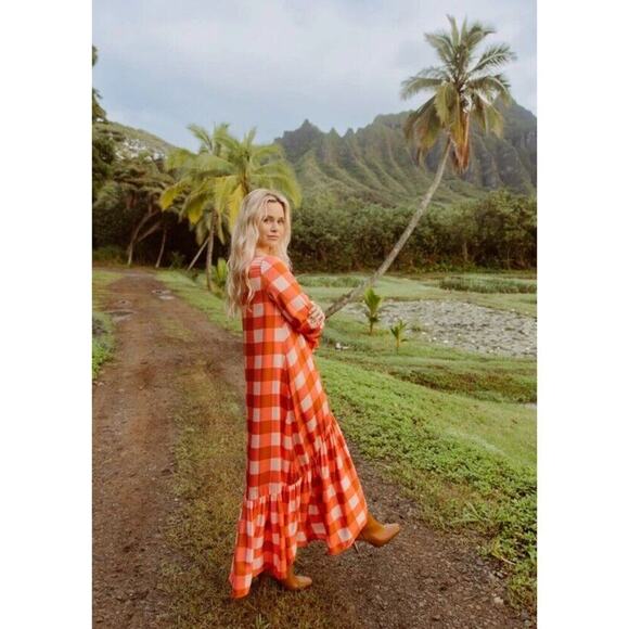 Sundress Isla Gingham Tiered Modal Maxi Dress Cream Coral Size XS/S - Picture 3 of 15